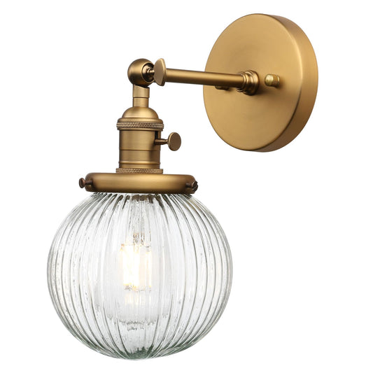 PERMO Vintage Industrial Wall Sconce Lighting Fixture with Mini 5.9" Round Clear Globe Ribbed Glass Shade (Antique Brass Gold)