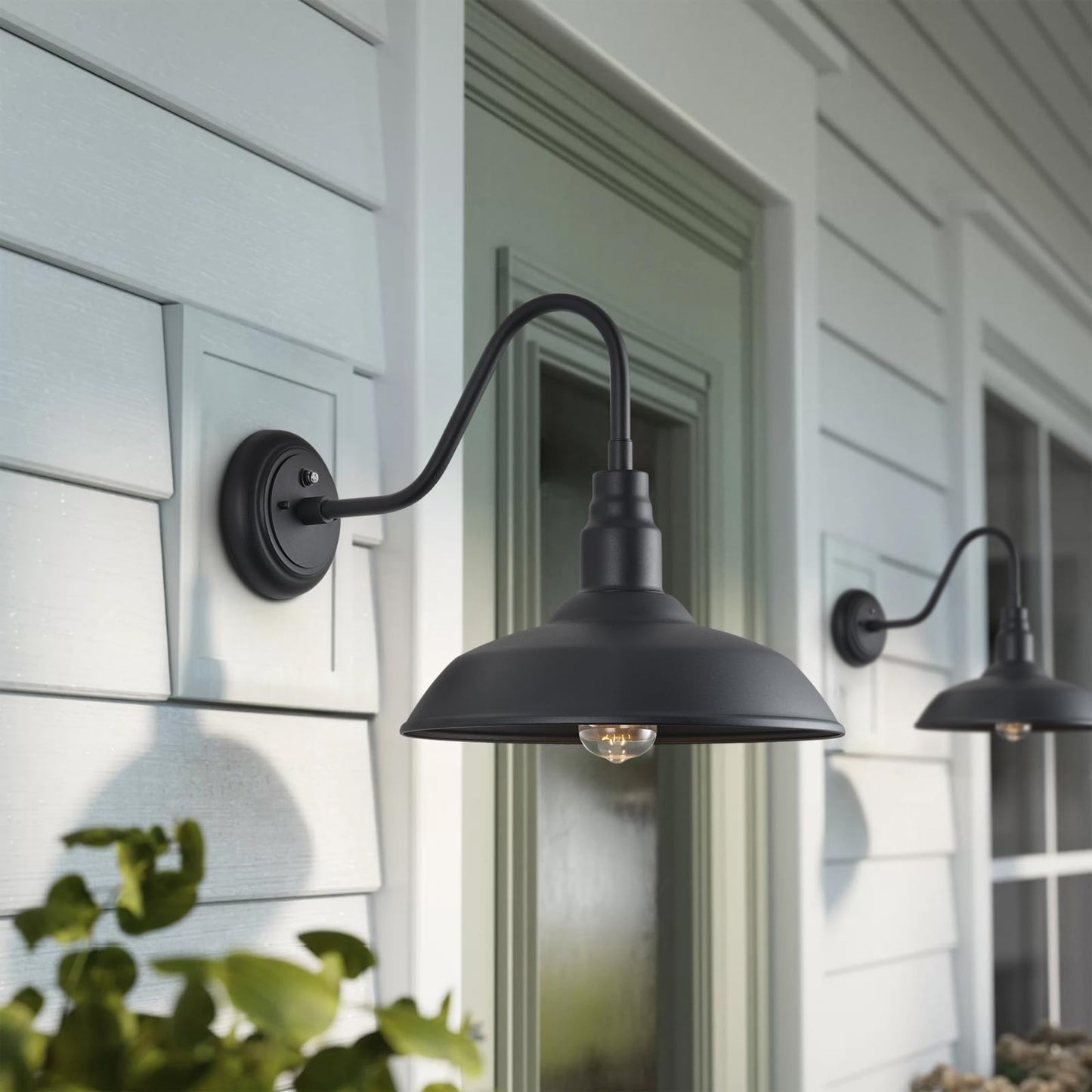 GOALPLUS 14in Large Dome Gooseneck Barn Light Outdoor, Dusk to Dawn Outdoor Barn Lights, Matte Black Farmhouse Exterior Light Fixture, Goose Neck Wall