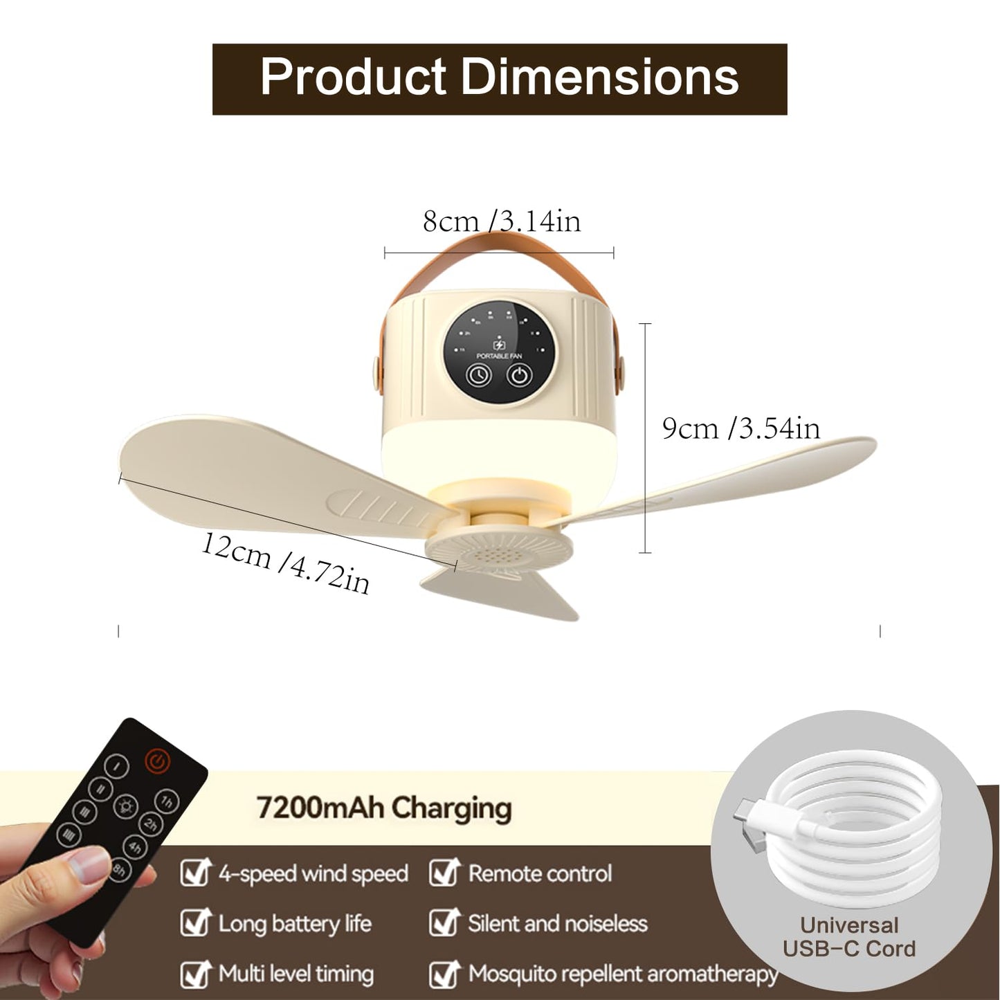 fenshine Portable Fan with Remote, 7200mAh Low Noise USB Fan 4 Speeds & 3 Warm Lights, Hanging Travel Fan with Timer, for Workshop Dorm Room Bedroom