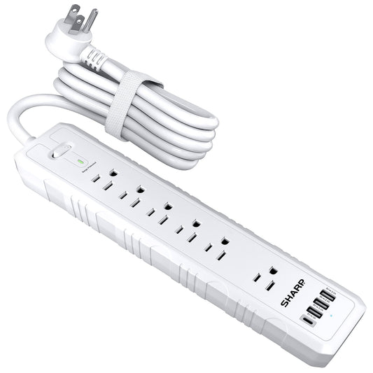 Sharp Power Strip With 6 Surge Protected Outlets and 4 Fast Charge USB Outlets (3 USB-A and 1 Type-C), Flat Wall-Hugger Plug and 5 ft. Cord, White