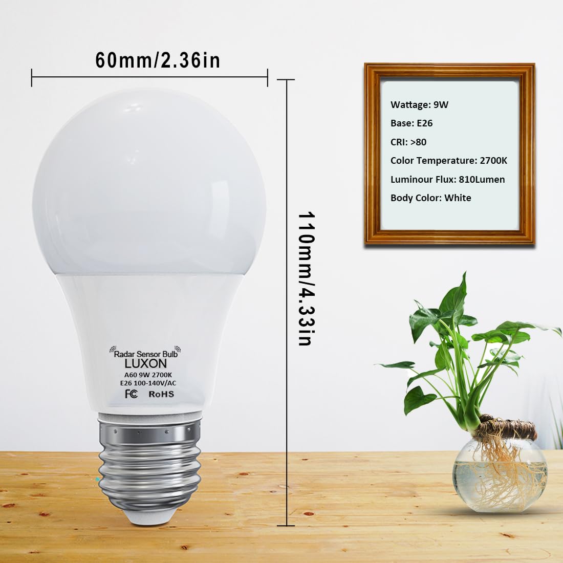 LUXON 5W A19 Radar Detector Dusk to Dawn 50W Equivalent Smart Led Lamp Lighting Indoor Outdoor Motion Sensor Bulb Auto On/Off E26 Base Soft White