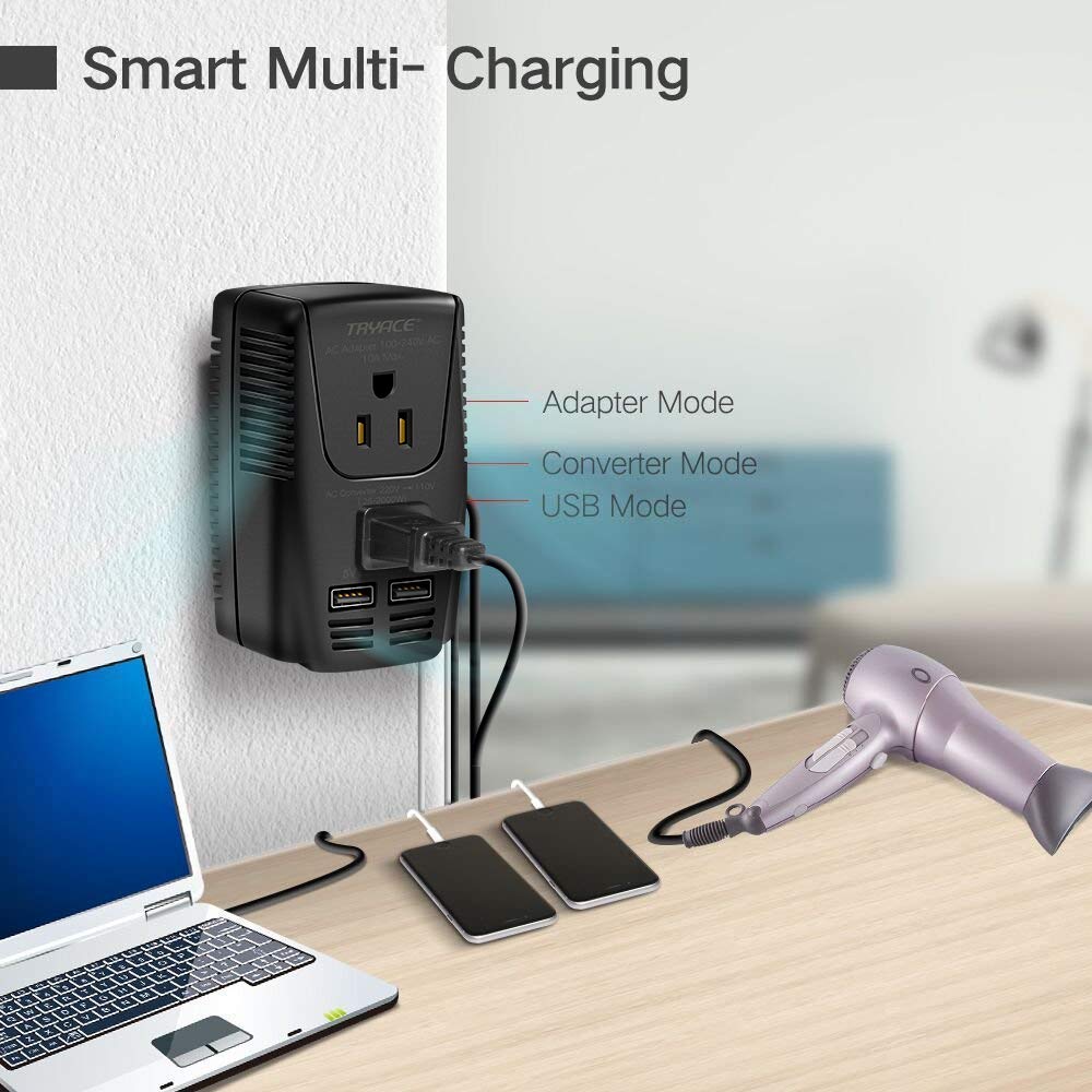 TryAce 2000W Travel Voltage Converter Step Down 220v to 110v Power Converter for Hair Dryer Curling Iron Straightener, 10A Power Adapter with 2 USB…