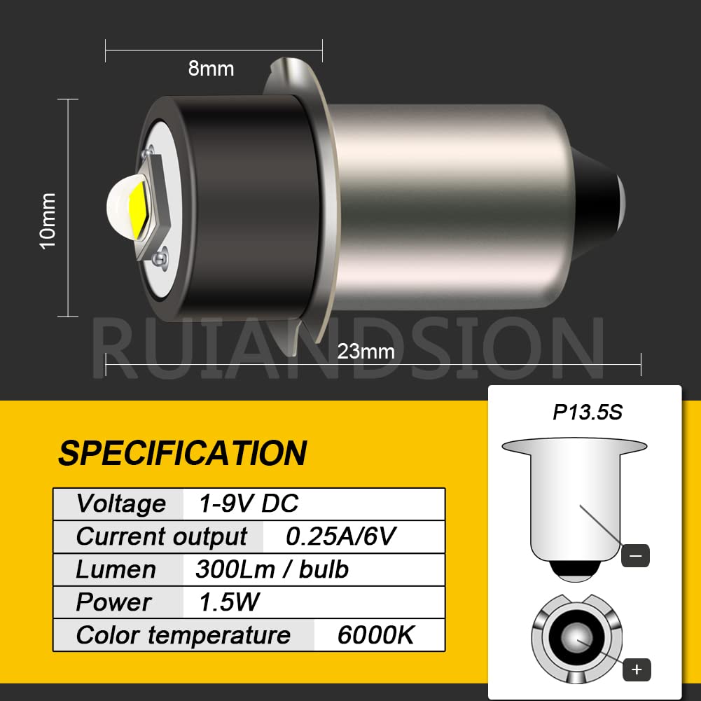 Ruiandsion 1-9V LED Flashlight Bulb P13.5S LED Bulb 1.5V 3V 4.5V 6V 9V Replacement for Torch Lantern Work Light Bulbs (Pack of 2)