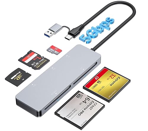 CFast Card Reader, USB 3.0 USB C CFast 2.0 Card Reader - 5 in 1 5Gbps Aluminum CFast Memory Card Adapter for Lexar, Transcend, Sony Card, Read 5 Cards