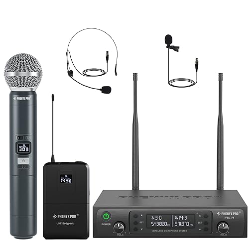 Phenyx Pro Wireless Microphone System, Dual Mic Set with Handheld/Bodypack/Lapel Mics,Auto Scan, 2x100 UHF Frequencies,328ft Range,Cordless Microphone