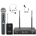 Phenyx Pro Wireless Microphone System, Dual Mic Set with Handheld/Bodypack/Lapel Mics,Auto Scan, 2x100 UHF Frequencies,328ft Range,Cordless Microphone