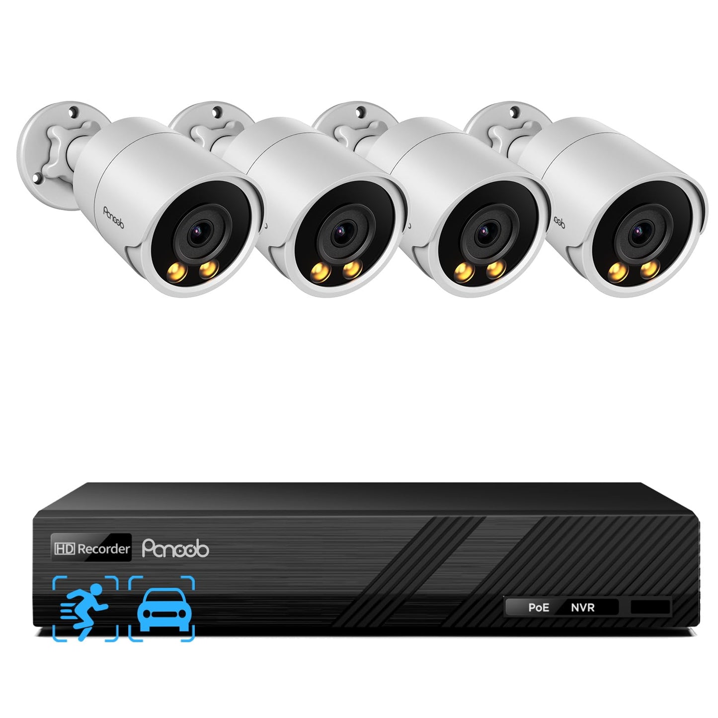 PANOOB Security Camera System PoE, 4X 4MP Wired Bullet IP Cameras Outdoor Built-in Microphone, AI Human Vehicle Detection, 5MP 8CH NVR (NO HDD), Smart