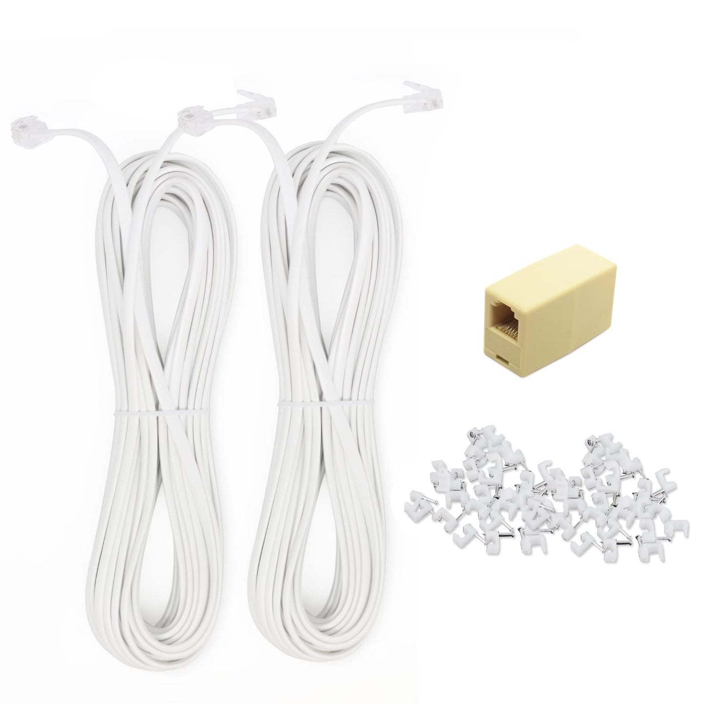 OLIREXD 2PCS 30Ft Phone Extension Cord Male to Male Telephone Flat Cord with Standard RJ11 6P4C Plug and 1 in-Line Coupler 50PCS Cable Clamp Holders