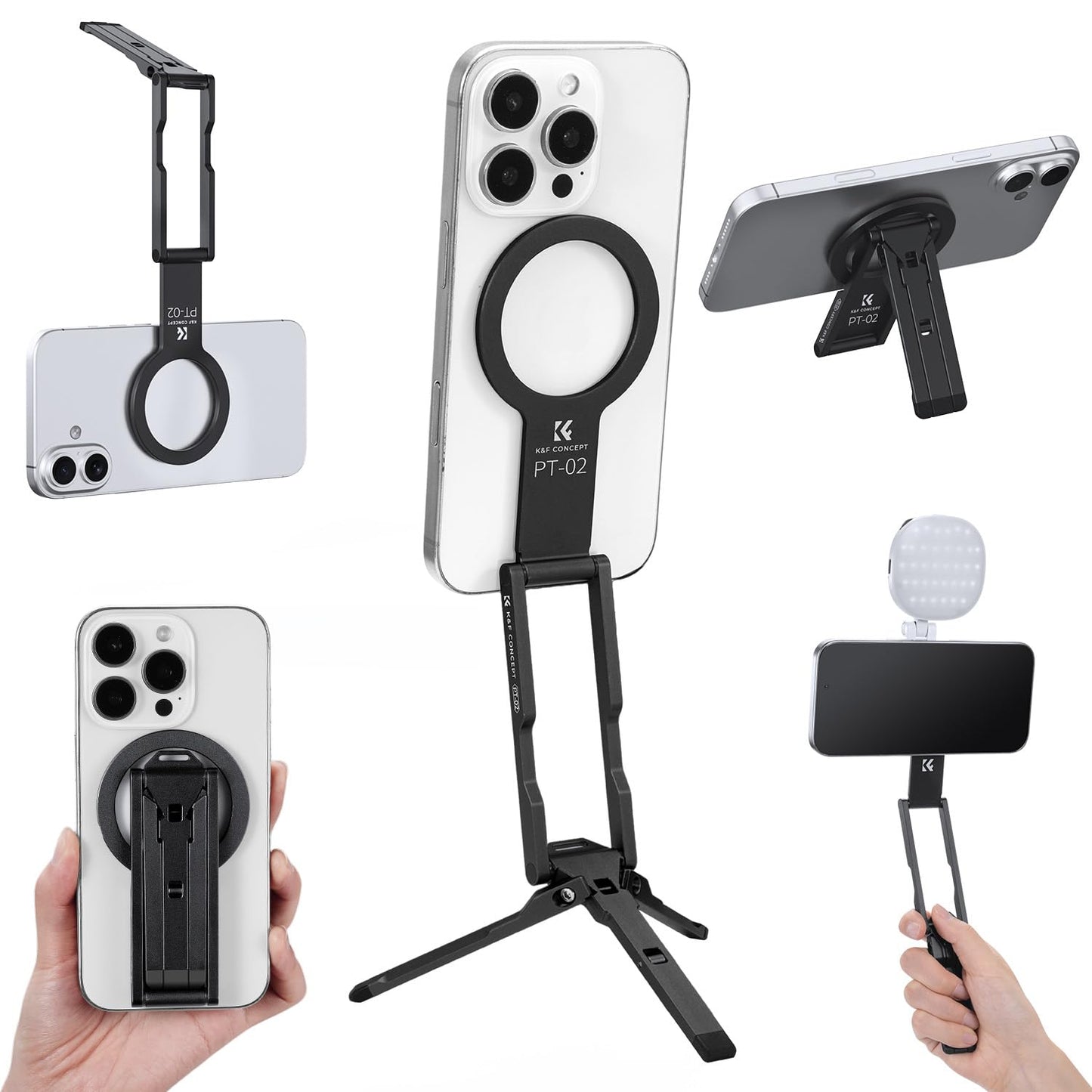 K&F CONCEPT PT02 7mm 59g Magnetic Phone Stand, Foldable Selfie Stick for iPhone, Dual-Sided Magnets Mini Tripod Pocket Cell Phone Stand with Hook