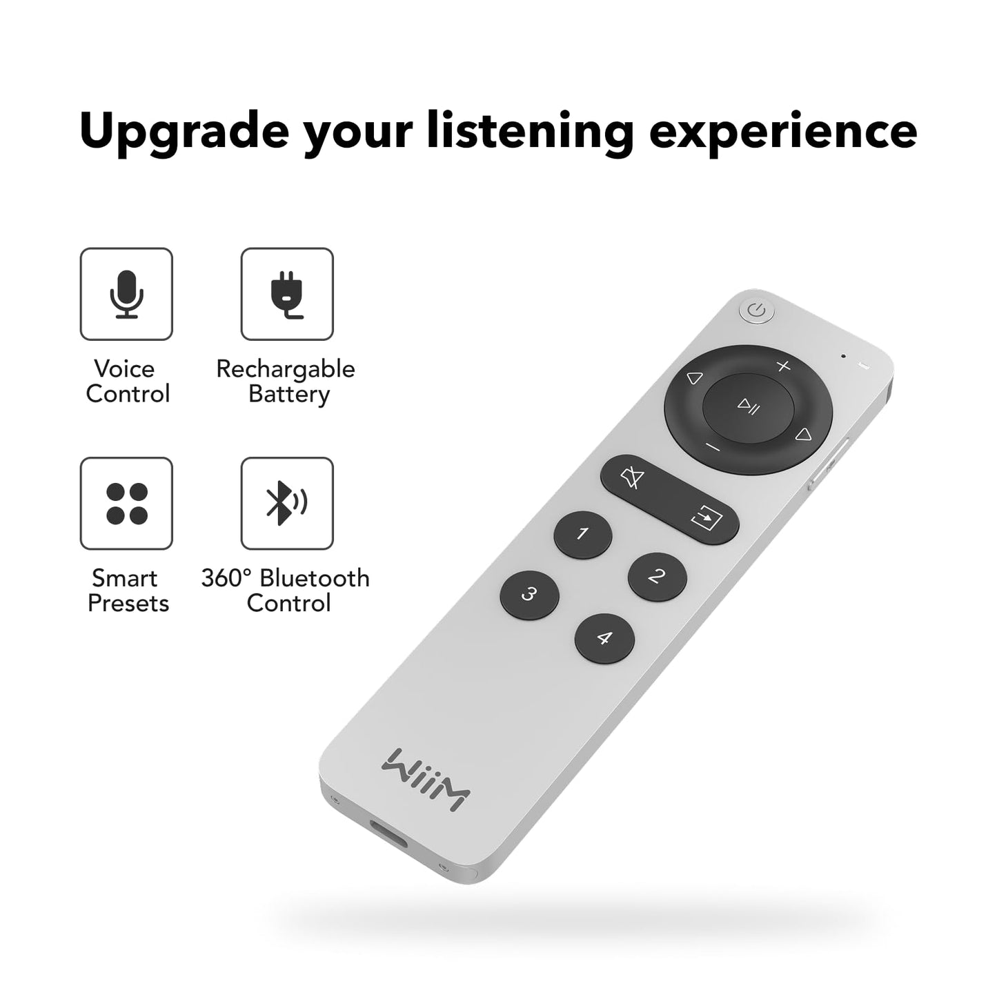 WiiM Voice Remote 2 for WiiM Music Streamers and Amplifiers | Push-to-Talk, 4 Smart Preset Buttons | Rechargeable Battery | Sleek Aluminum Design |