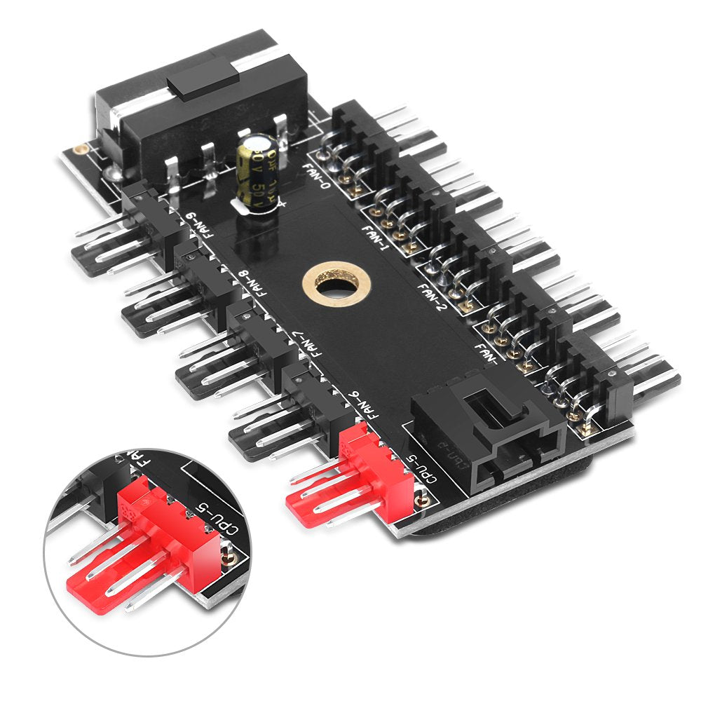 ELECTOP PC Chassis Fan Hub CPU Cooling HUB 10 Port 12V 4 Pin Fan PWM Hub Molex Controller