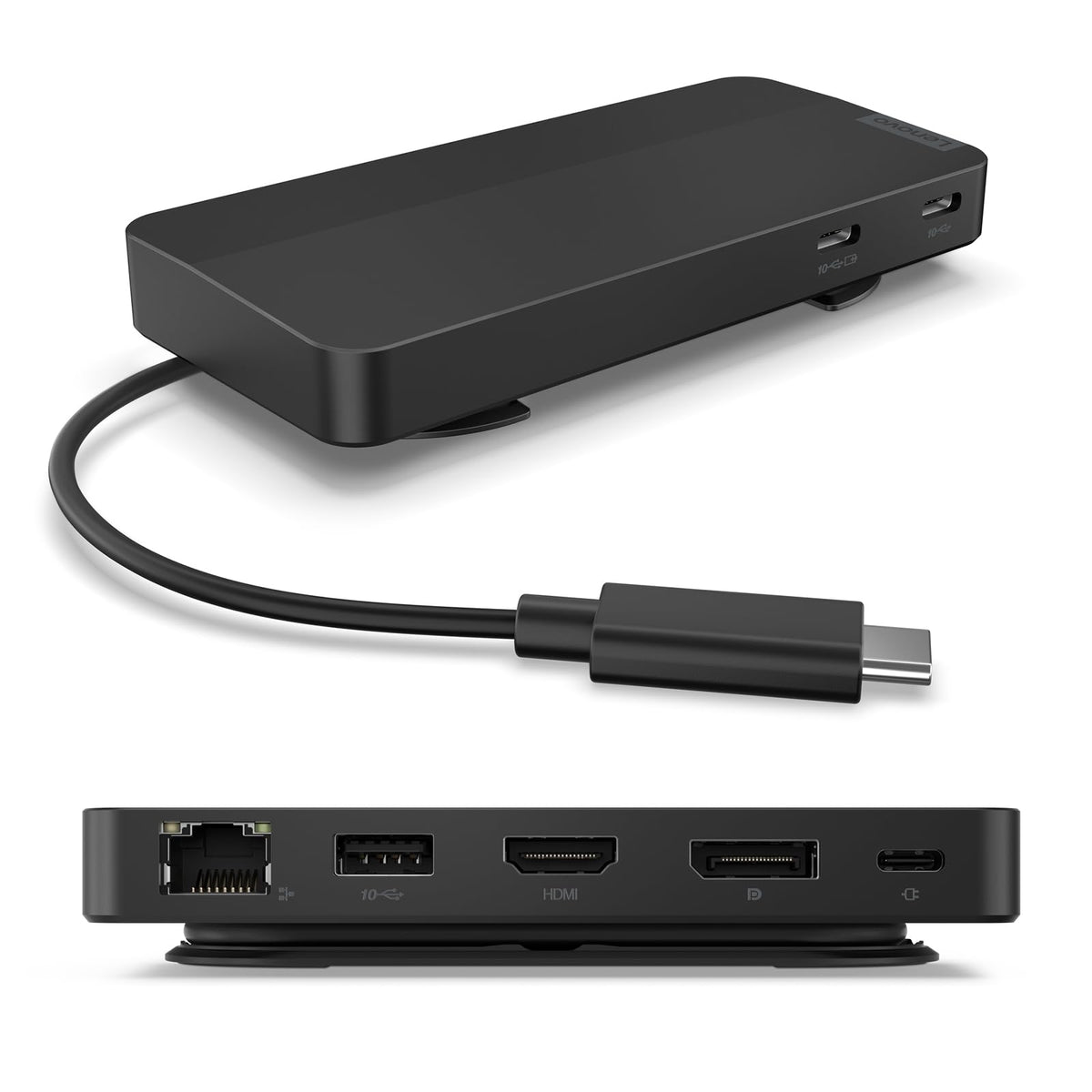 Lenovo USB-C Dual Display Travel Dock - 7 Ports, Integrated Cable, Universal Compatibility, Two displays at 4K - Black