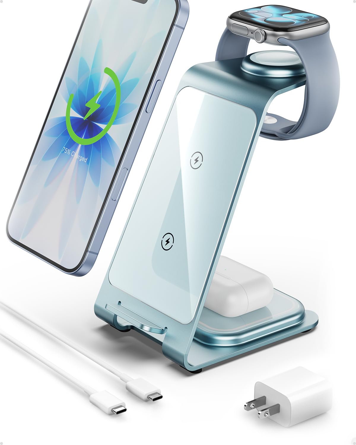 Intoval Aluminum 3 in 1 Wireless Charging Station for iPhone 17 16 15 14 13 12 11 Pro Max XR, Wireless Charger for Apple Watch 11 10 9 8 7 Ultra SE 3