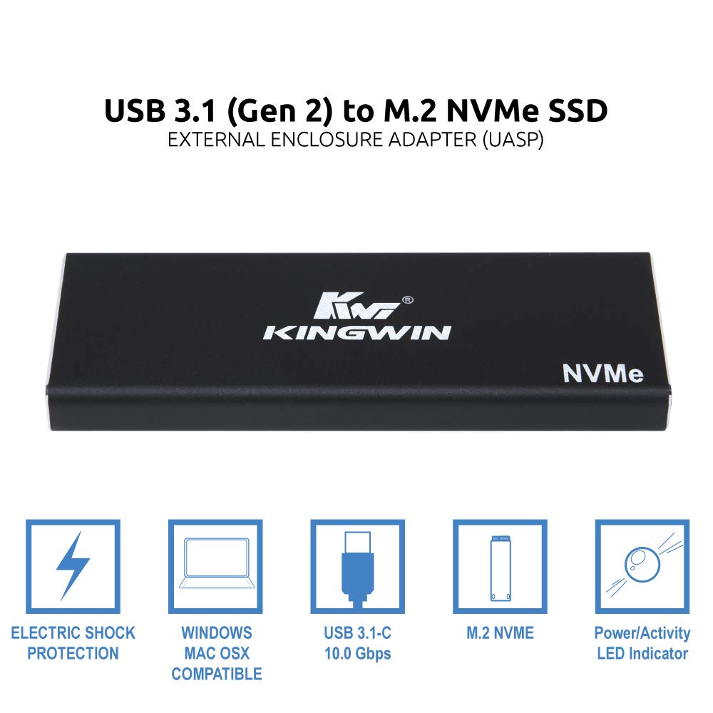 Kingwin M.2 SSD NVMe External Enclosure, 10Gbps USB 3.1 Gen 2 M-Key to USB C Solid State Drive Adapter, PCIe USB 3.0 USB C Cables, Fit Size