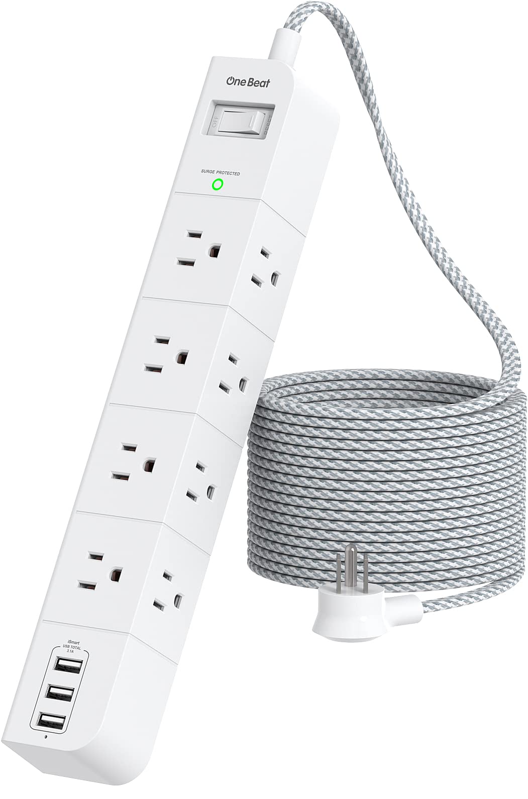 One Beat 10 ft Extension Cord,Power Strip Surge Protector 8 Widely AC Outlets 3 USB,Flat Plug,Desktop Charging Station with Overload Protection,Wall
