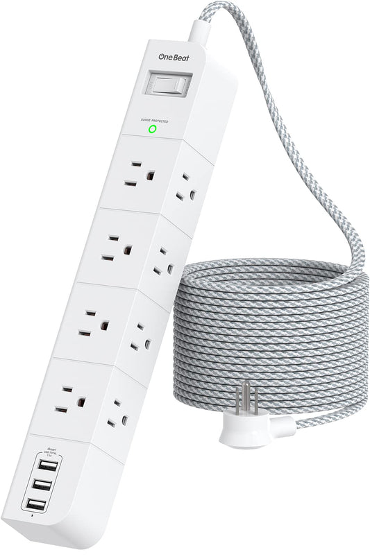 One Beat 10 ft Extension Cord,Power Strip Surge Protector 8 Widely AC Outlets 3 USB,Flat Plug,Desktop Charging Station with Overload Protection,Wall