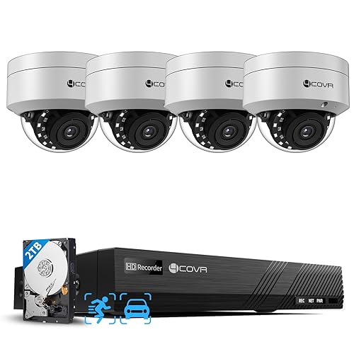 4COVR PoE Security Camera System, 4Pcs 5MP IK10 Vandal-Proof Dome PoE IP Camera with Mic, AI Human Vehicle Detection, 8CH 8MP H.265 NVR with 2TB HDD