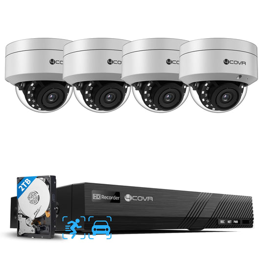 4COVR PoE Security Camera System, 4Pcs 5MP IK10 Vandal-Proof Dome PoE IP Camera with Mic, AI Human Vehicle Detection, 8CH 8MP H.265 NVR with 2TB HDD