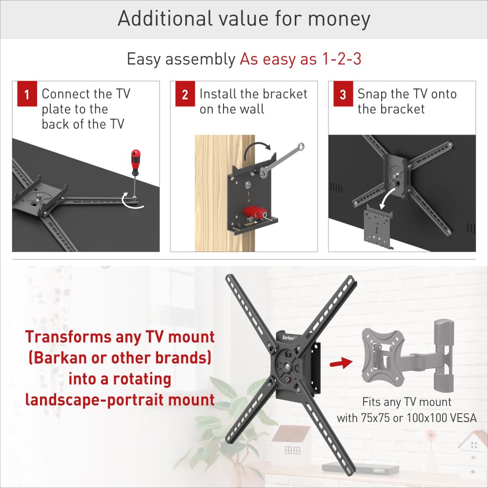 Barkan Landscape-Portrait Rotation 13-65 inch TV Wall Mount, Flat/Curved Screen Bracket, Holds up to 80lbs, Auto Lock Patented, Fits LED OLED LCD
