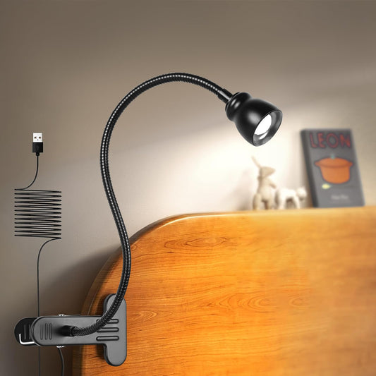 Qeeltek Amber Eye-Caring Book Light for Bed - Adjustable Clip Lamp with Zoomable Lens, Strong Clamp, and Flexible Neck, Ideal for Reading, Studying