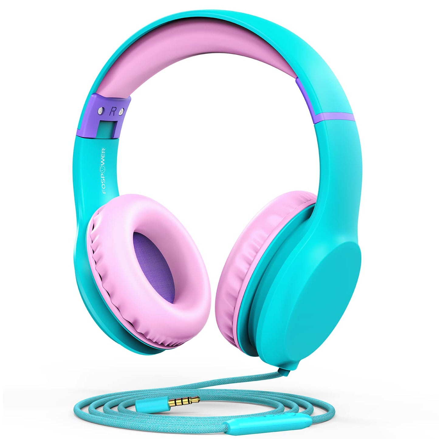 FosPower Kids Headphones with 3.5mm Laced Cables, Children & Teens Over The Ear Foldable Adjustable Headset w/Built-in Mic
