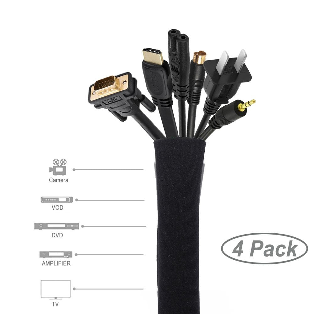 JOTO 4 Pack Cable Management Sleeve, 19-20 Inches Cord Organizer System with Zipper for TV Computer Office Home Entertainment, Flexible Cable Sleeve