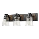 Globe Electric 51852 3-Light Vanity Light, Bathroom Wall Fixture, Matte Black and Dark Faux Wood Finish, Clear Seeded Glass Shades, E26 Base, Dimmable