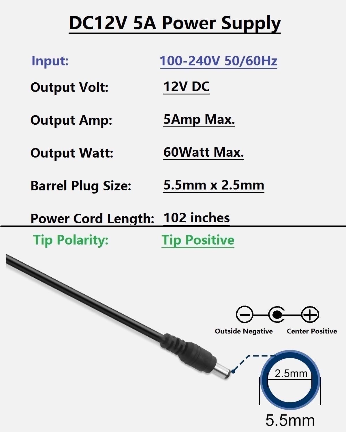 12V 5A Power Supply Adapter 60W AC Adapter 100-240V 50-60Hz to DC 12 Volt 5 Amp Cord with 【5.5mm x 2.5mm Barrel Plug】, 12VDC AC/DC Switching…