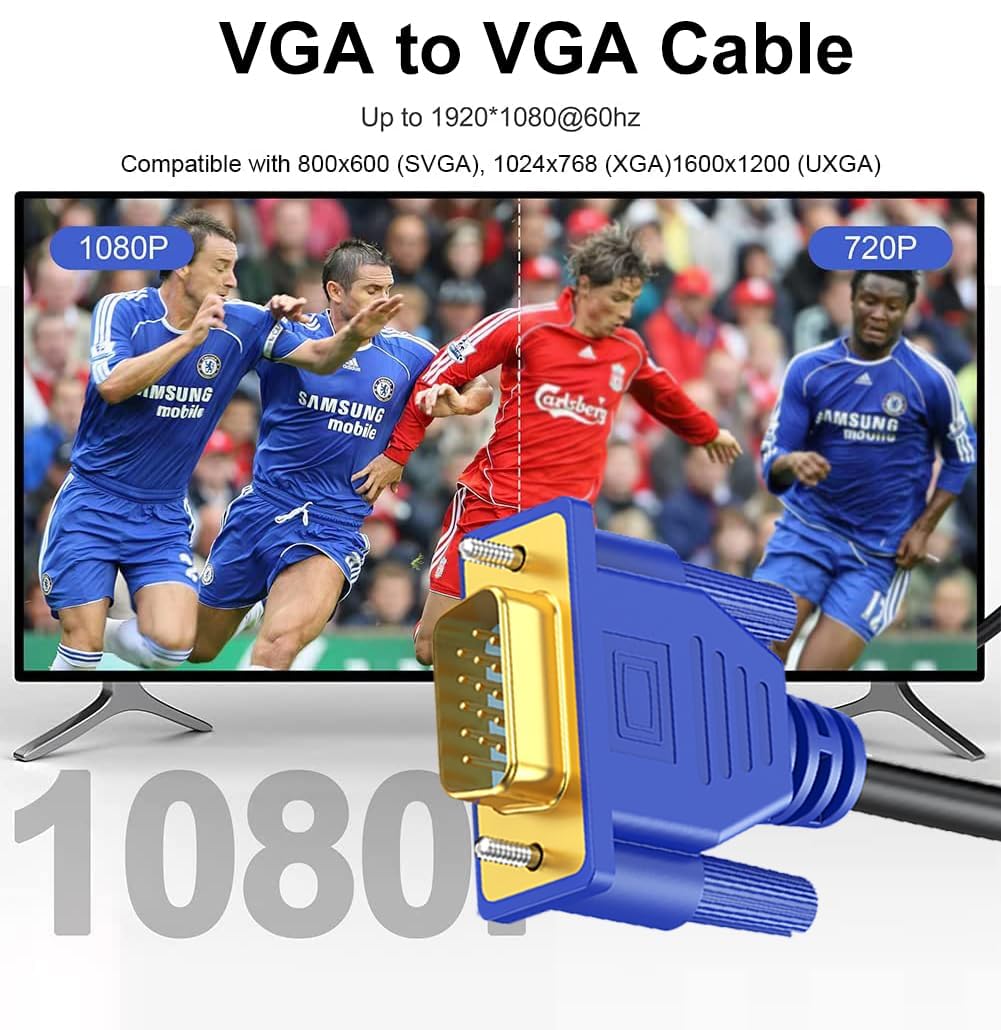 VGA Cable 6 Feet, Gold-Plated Shielded VGA Male to Male Monitor Computer Cable Adapter Cord 15 Pin HD15 1080P@60Hz Full HD High Resolution for TV