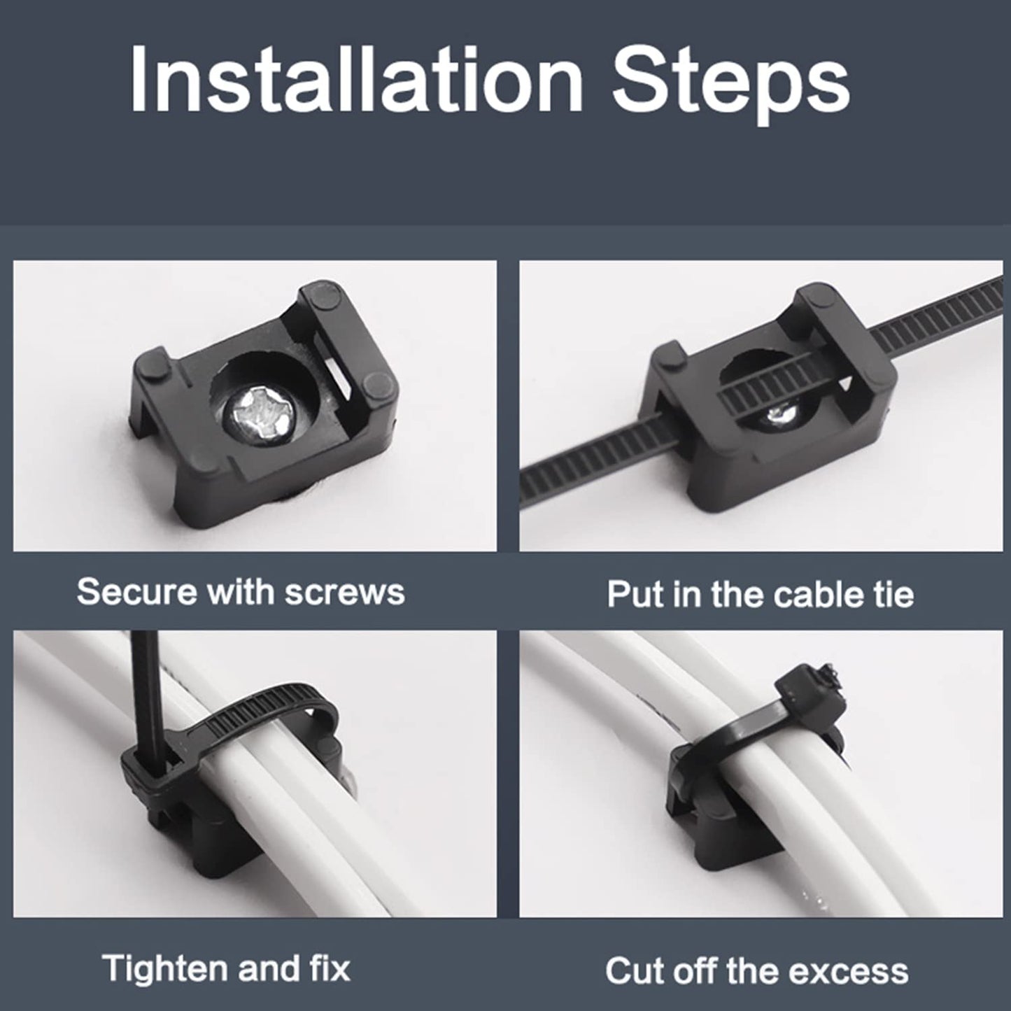 Saddle Type Mounts Base with 4.7inch Cable Ties and Tapping Screw ZZLZX 50 Sets 4.7 Inch Black Cable Zip Ties and Wire Cable Clips with Screw,Saddle
