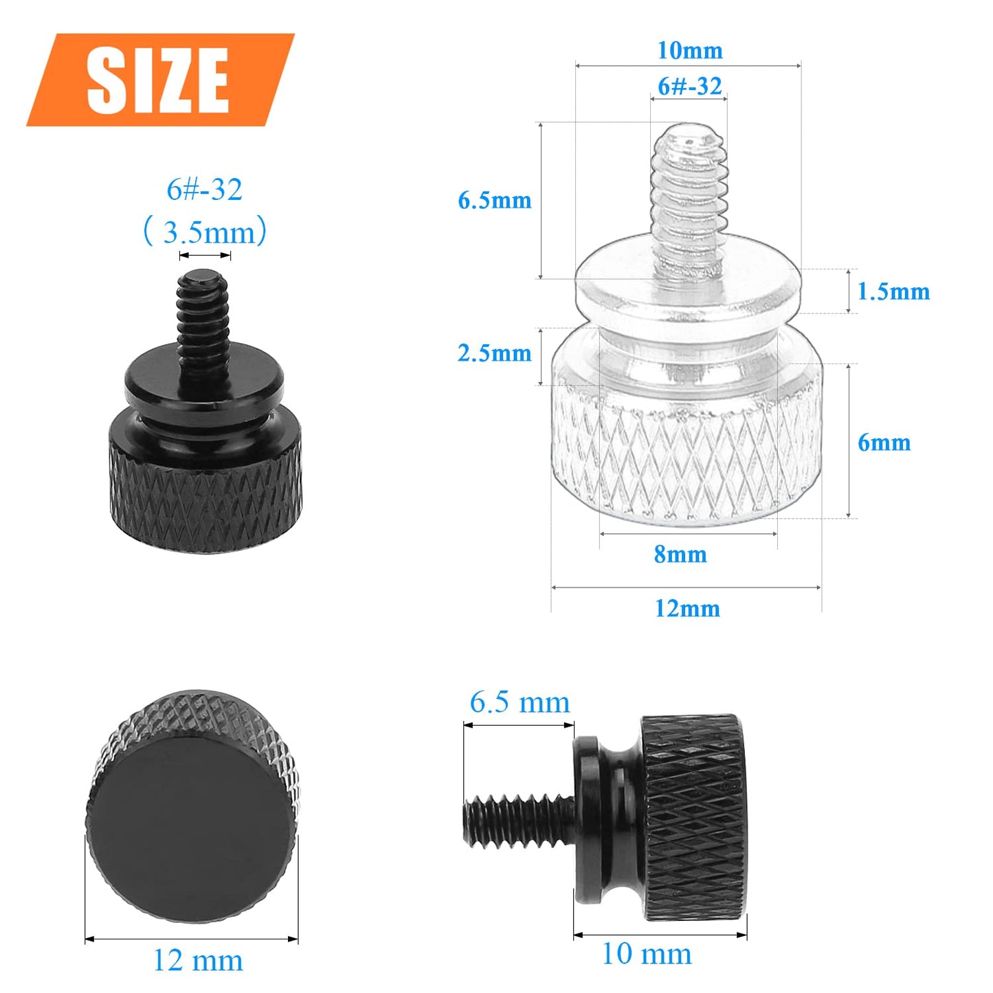 HELIFOUNER 10 Pieces 6-32 Thread, Black Color Anodized Aluminum Computer Case Thumbscrews, Thumb Screws for Computer Case/Cover/Power Supply/Hard