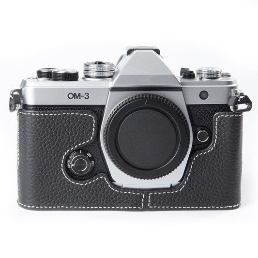 DBZZ Handcrafted Genuine Leather Camera Case, Vintage Half-Wrap Camera Protector For OLYMPUS OM-3 (Black)