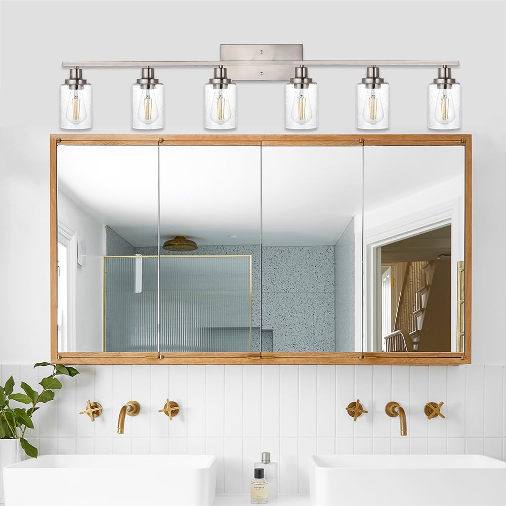 WINSHEN 6-Lights Bathroom Vanity Light Fixtures with Seeded Glass Lampshades, 45.3-Inches Length Modern Brushed Nickel Wall Light Fixture for Kitchen
