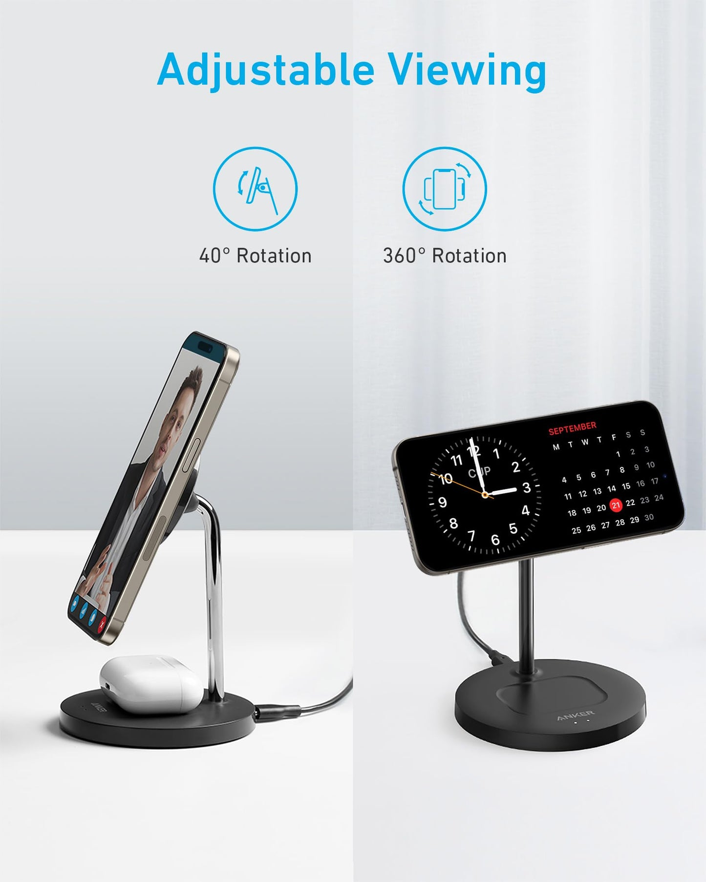Anker iPhone 16 Wireless Charging Stand, PowerWave 2-in-1 Magnetic Stand Lite with USB-C Cable, for iPhone 16/16 Pro/16 Plus/16 Pro Max/15/14/13