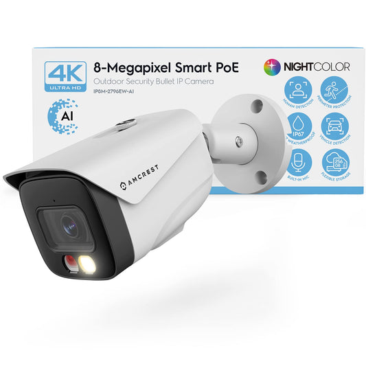 Amcrest UltraHD 4K (8MP) IP PoE AI Camera, FOV 129°, 49ft Color Nightvision, Security Outdoor Bullet Camera, Human & Vehicle Detection, Active