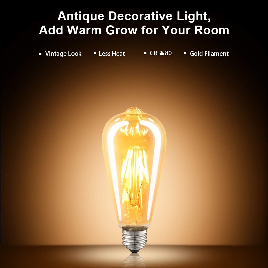 LUXON LED Edison Bulbs,Dimmable,ST64 Amber Glass,Vintage 4W E26 Warm,6-Pack
