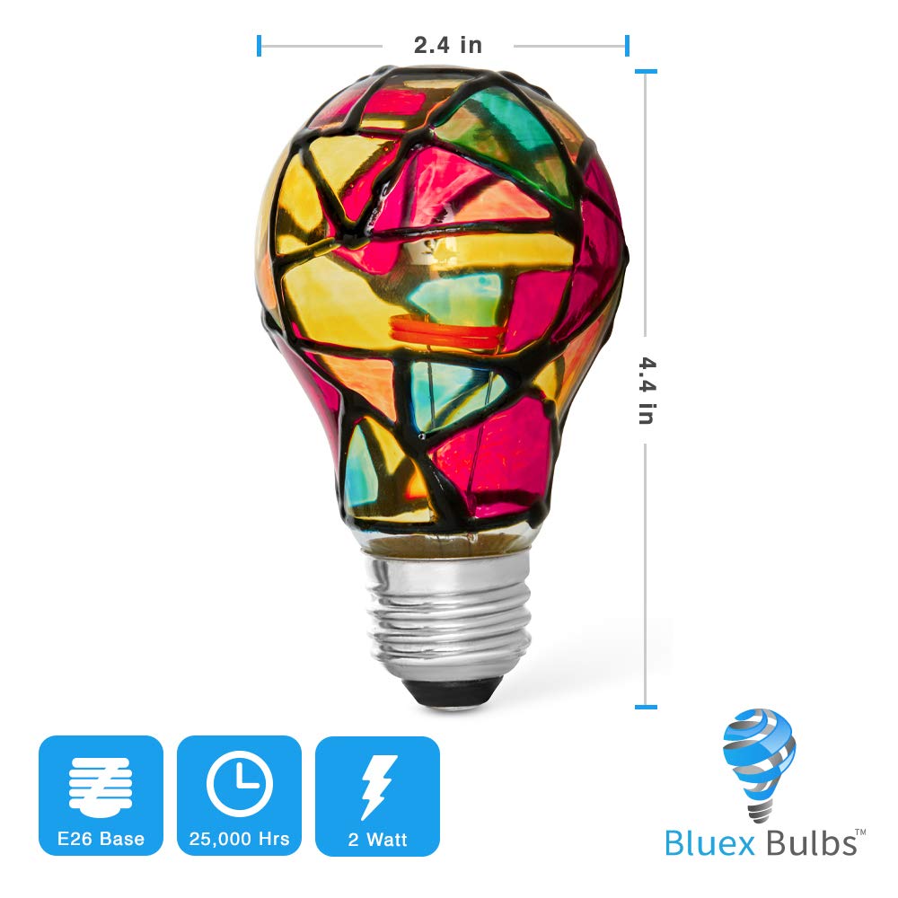Bluex Bulbs 2 Pack LED Stained Glass Light Bulb A19 2W (25W Equivalent) E26 Base Painted Night Light Mosaic Party Light Bulb Stainglass - Tiffany
