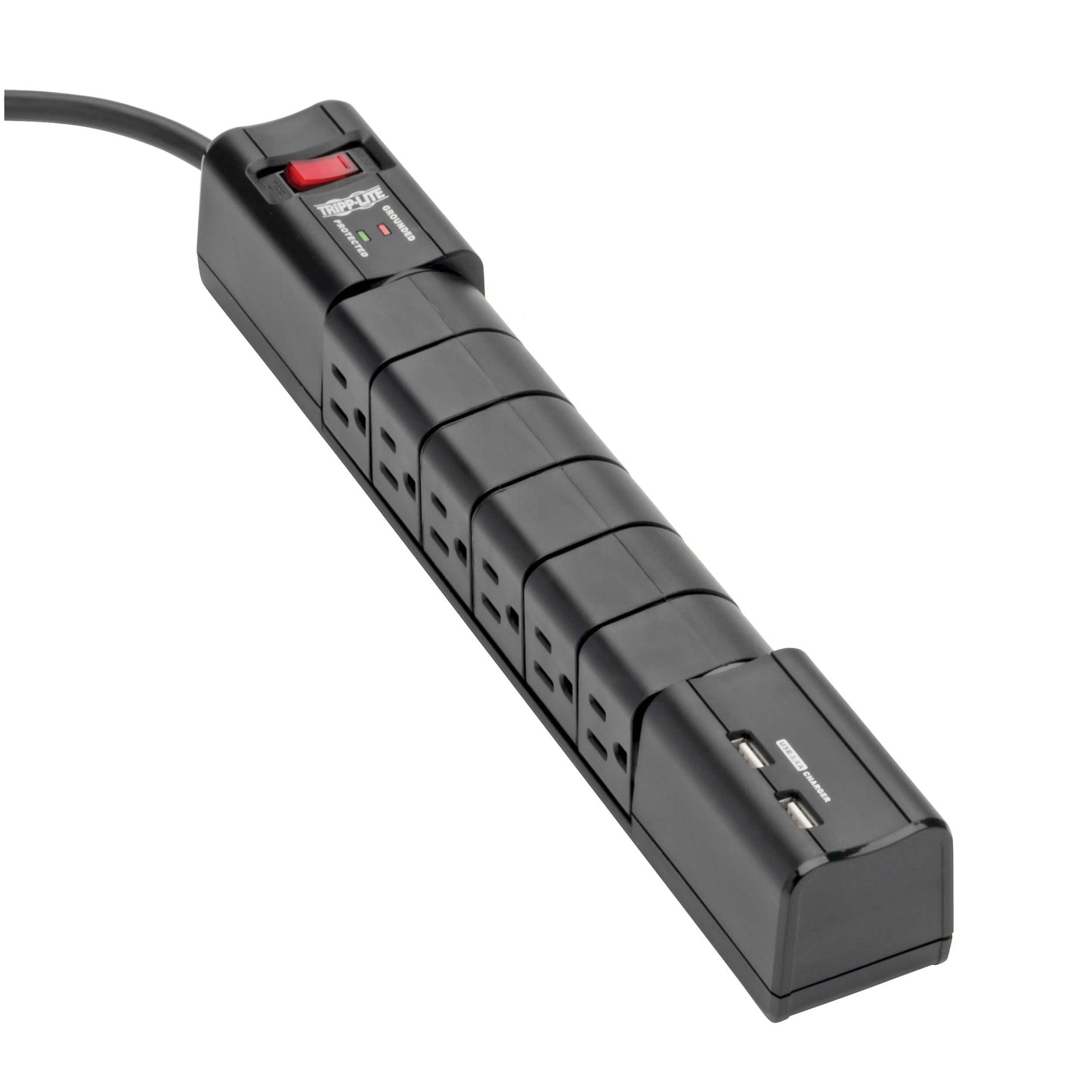 Tripp Lite 6 Rotatable Outlet Surge Protector Power Strip, 8ft Cord, Two USB, Black, $50,000 INSURANCE (TLP608RUSBB)