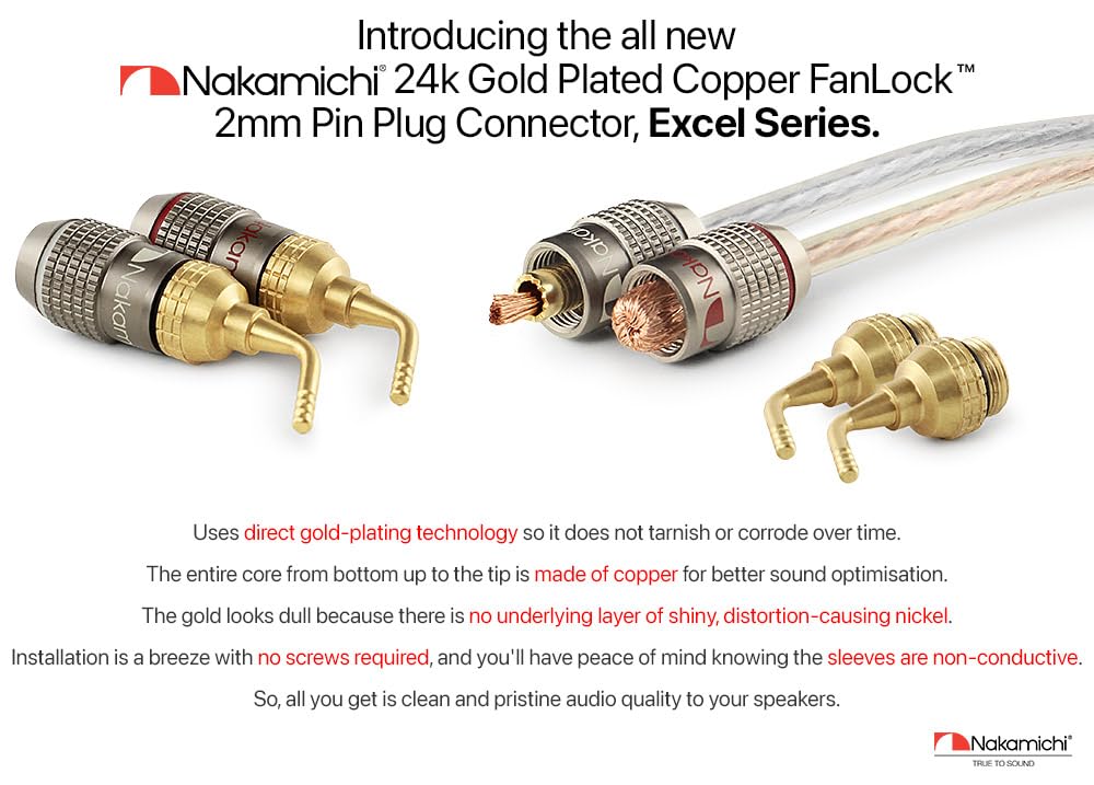 Nakamichi FanLock Excel Series 24k Gold Plated 2mm Pin Plug Banana 10 AWG - 18 AWG Gauge Size 4mm for Spring Clip Speakers Amplifier Hi-Fi Home