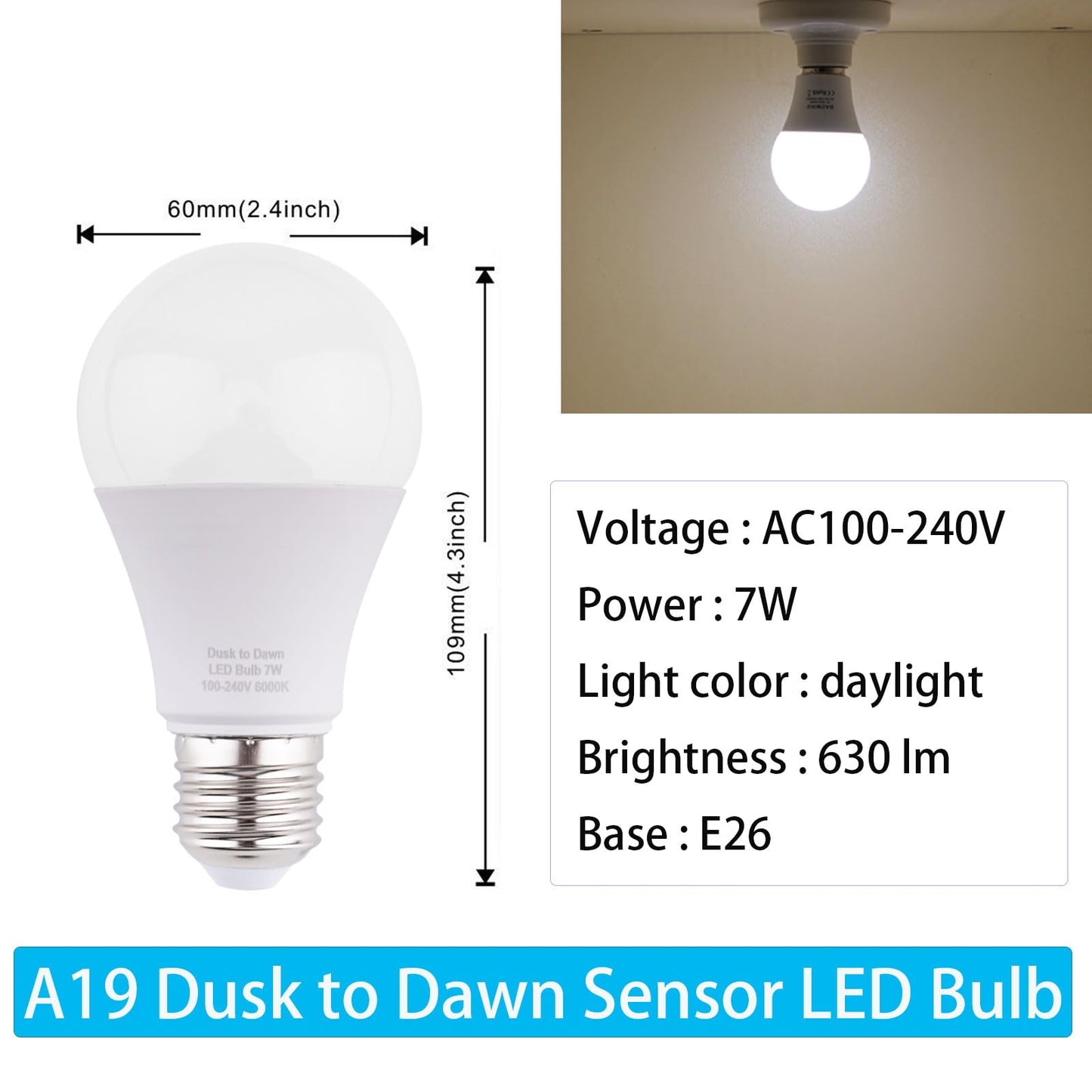 LEDBEFINE Dusk to Dawn Light Bulbs 60 Watt Equivalent, 630 Lumen Energy Efficient Daylight White 7W A19 LED Light Bulb Auto on/Off Photocell Sensor