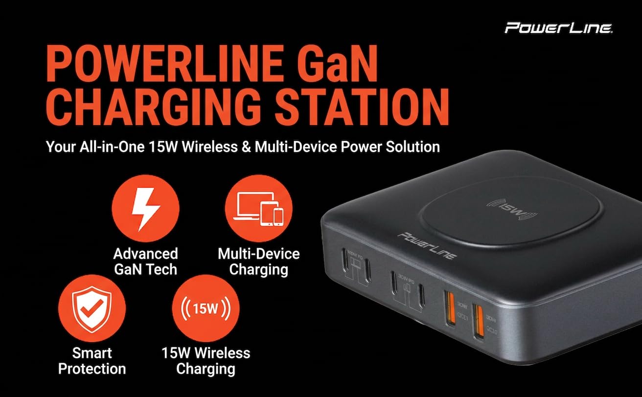 PowerLine 100W, 7-Port (4X USB C, 2X USB A, Wireless Charging pad) Desktop Charging Station (PD3 Fast Charging, GaN Tech) for MacBook, Laptop