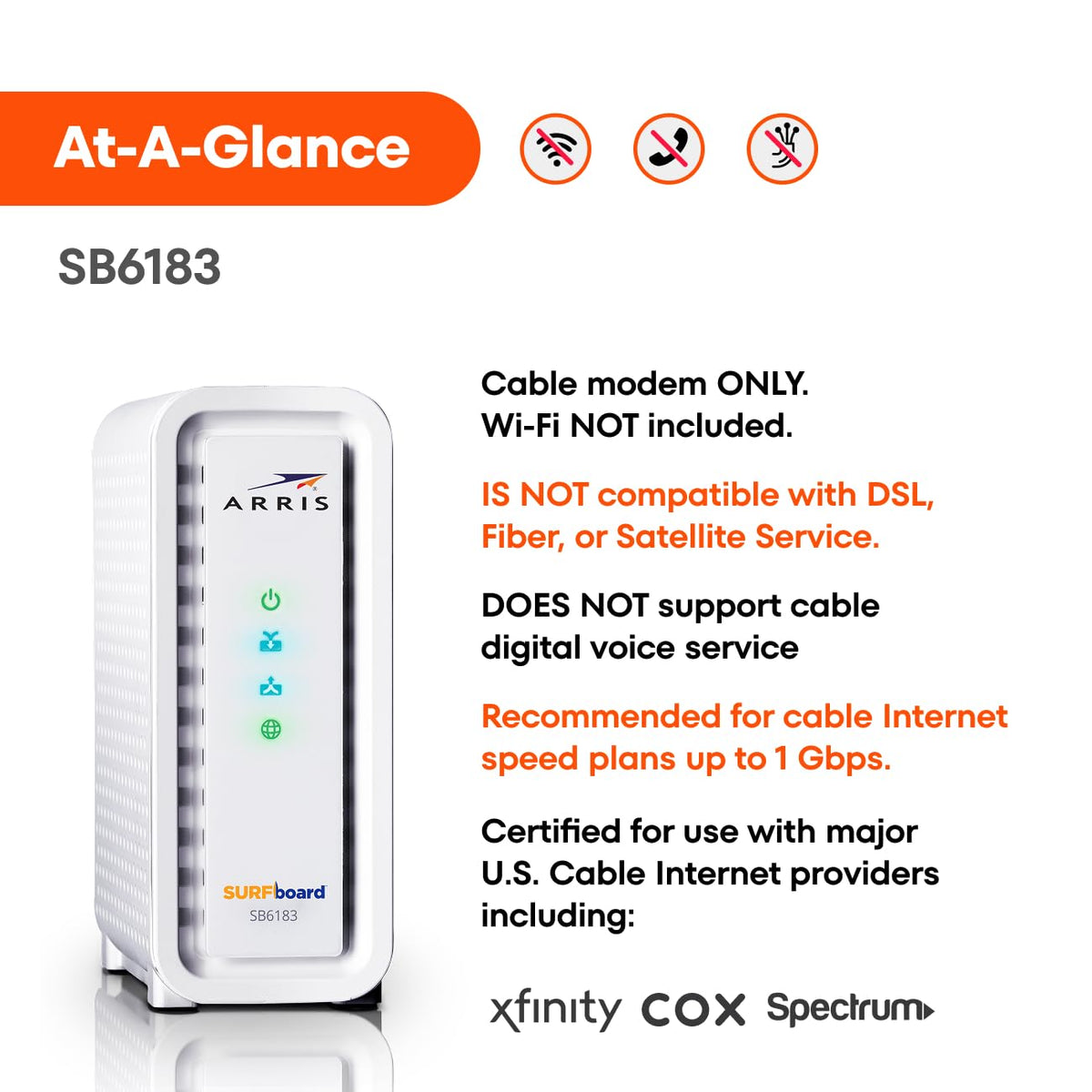 ARRIS (SB6183) -Cable Modem - Fast DOCSIS 3.0 16x4 Gigabit, [Check with Your Provider for Compatibility], 1 Gbps Port, 400 Mbps Max Internet Speed, 2