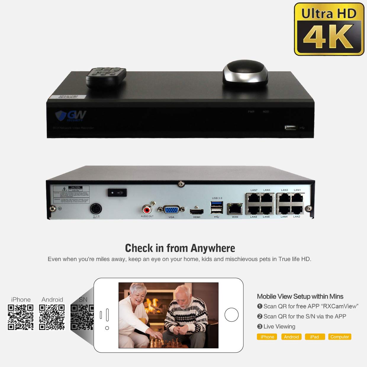 GW 4K (3840x2160 @30fps Real-time) 5X Optical Motorized Zoom Outdoor 8MP Bullet PoE IP 8 Channel Security Camera System, 130FT Night Vision, AI Facial