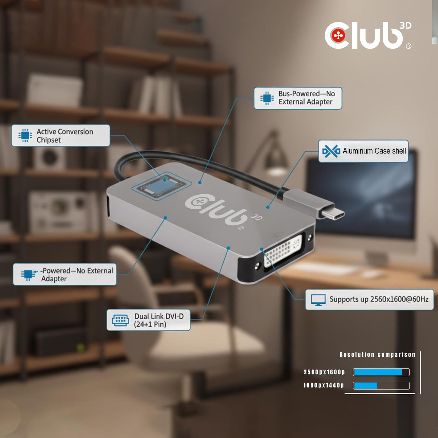 Club3D CAC-1510-A USB Type C to Dual Link DVI-D Cable Adapter Support 3840x2160@30hz, 2560x1600@60Hz HDCP Off for Apple Cinema Displays M/F