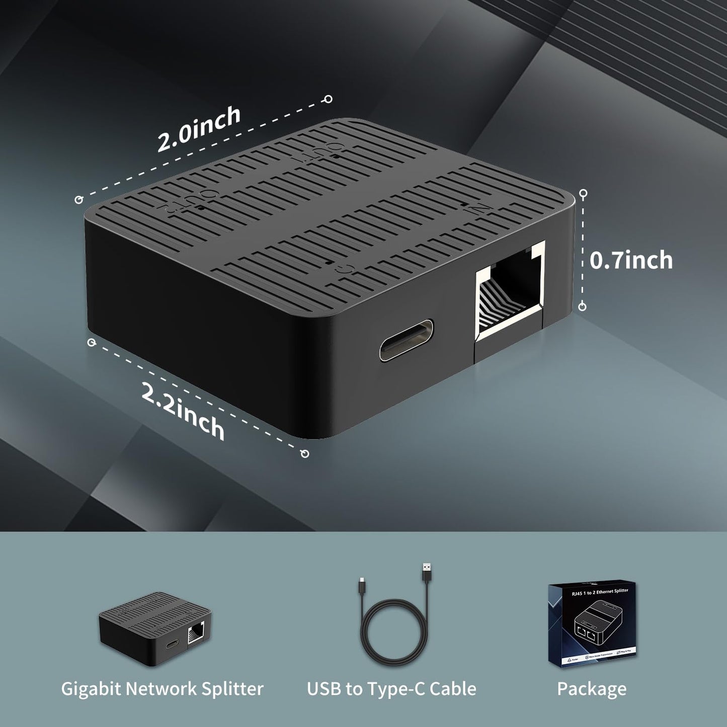 Gigabit Ethernet Splitter 1 to 2 Devices Simultaneously Networking, 1000Mbps High Speed LAN Splitter with USB-C Power Cable, Network Switch Hub