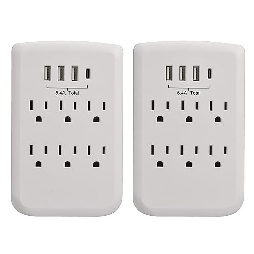 Clear Power 2pack: 6-Outlet Wall-tap w/3-port USB-A & 1-Port USB-C Chargers, CP30007X2