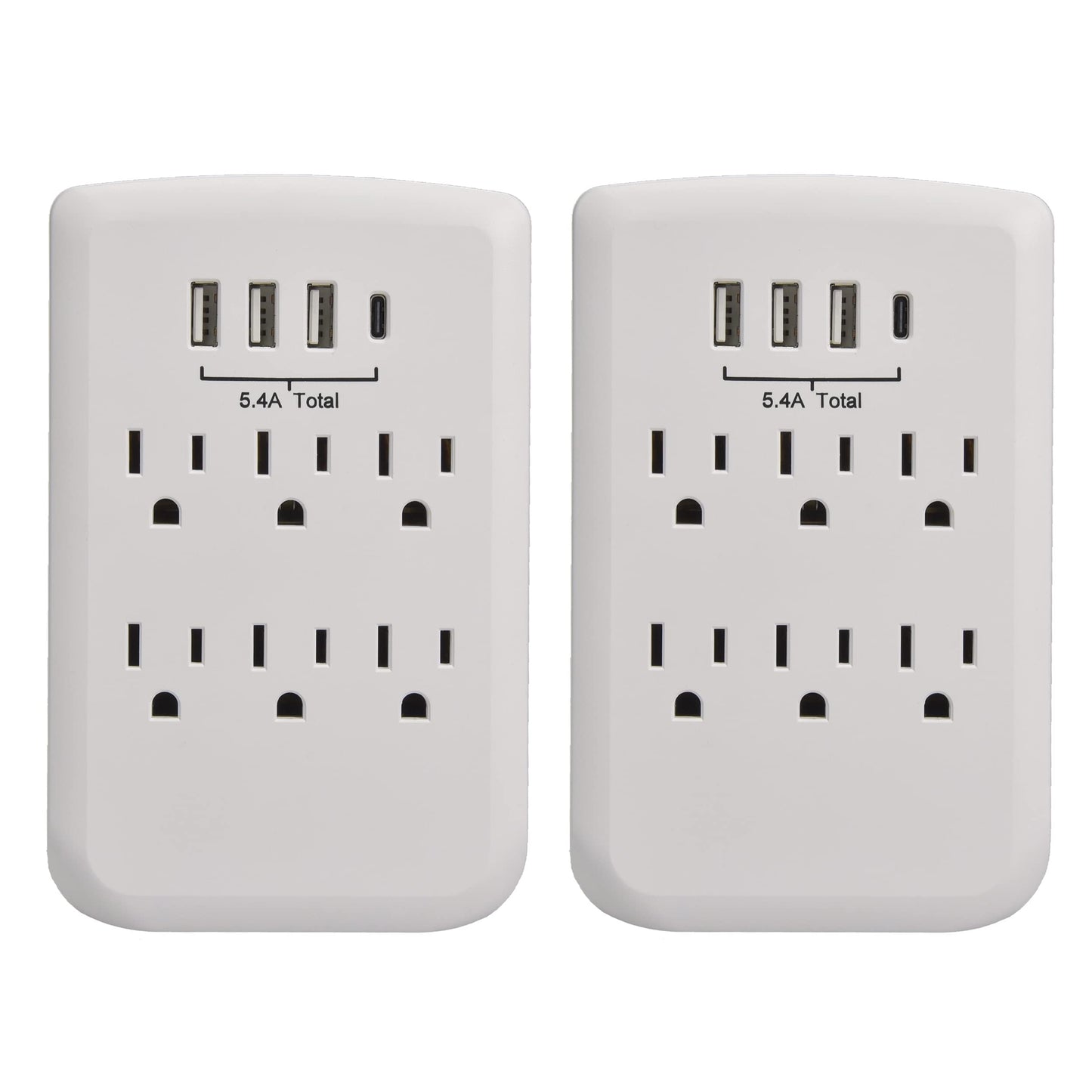 Clear Power 2pack: 6-Outlet Wall-tap w/3-port USB-A & 1-Port USB-C Chargers, CP30007X2