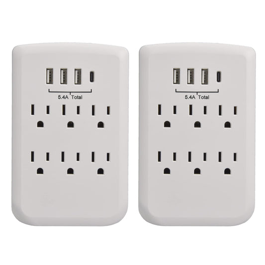 Clear Power 2pack: 6-Outlet Wall-tap w/3-port USB-A & 1-Port USB-C Chargers, CP30007X2