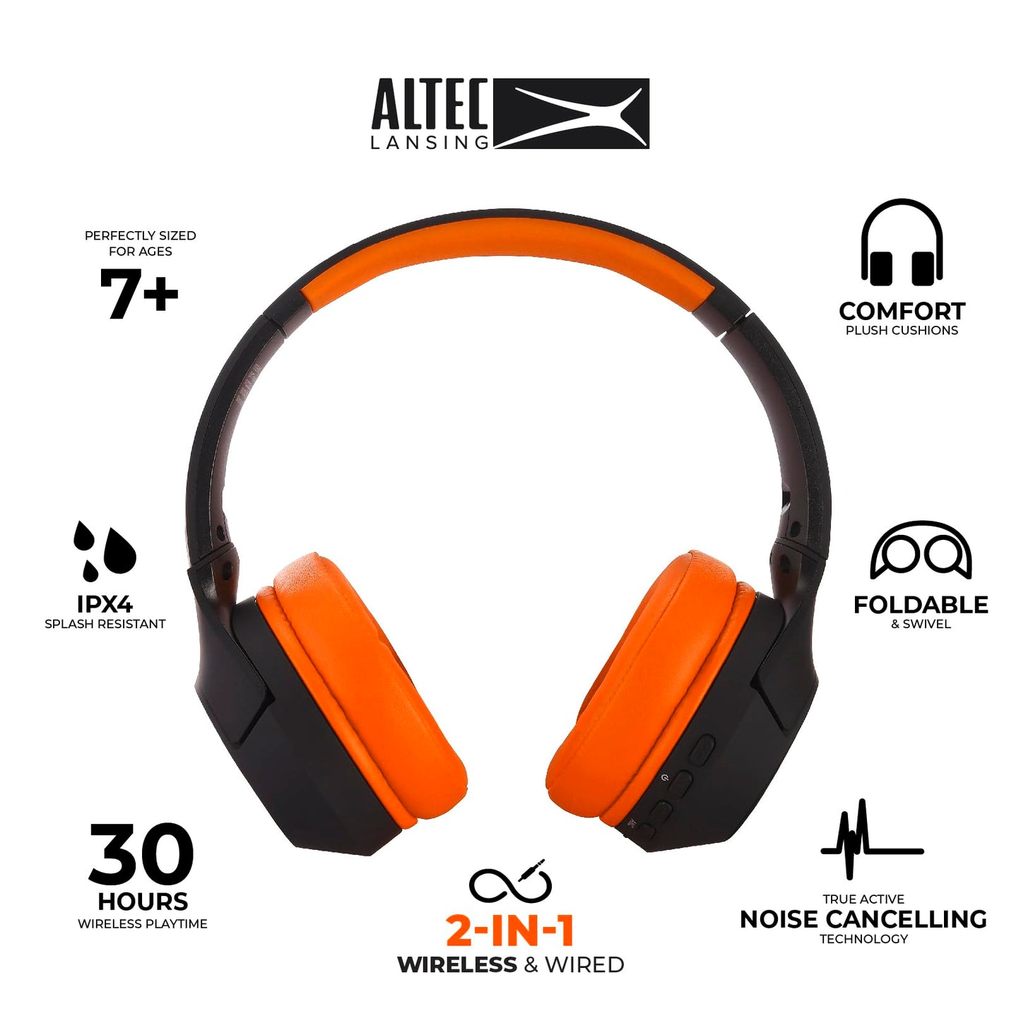 Altec Lansing Kid Safe Noise Cancelling Wireless Headphones 15H Battery, 85dB Volume Limit, Foldable Design Powerful Sound, Active Noise Cancellation