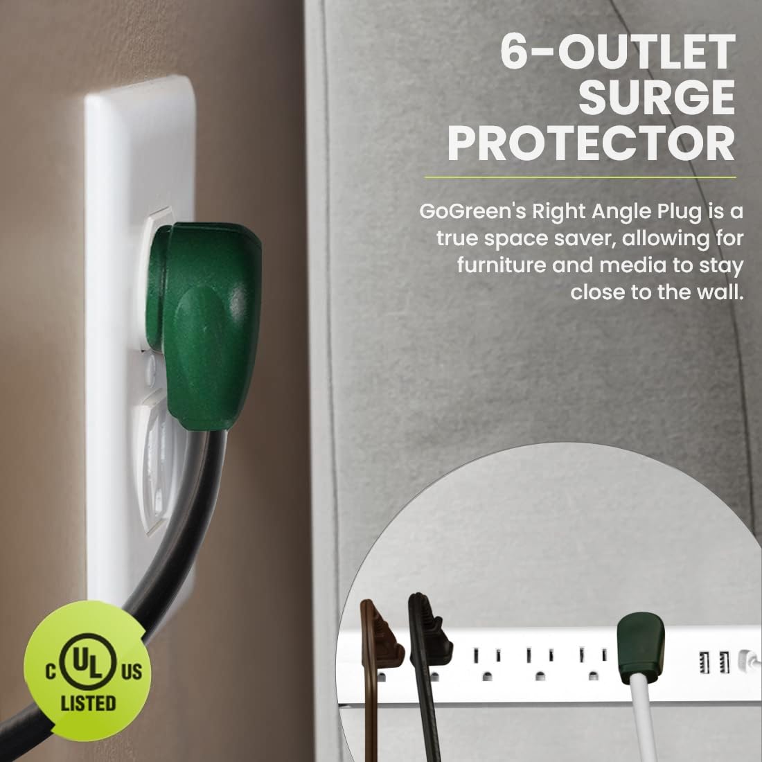 Go Green Power Inc. 6-ft Cord Surge Protector with 6 Outlets, USB-A and USB-C, 450 Joules - Compact, Heavy Duty, Circuit Breaker - Ideal for Home